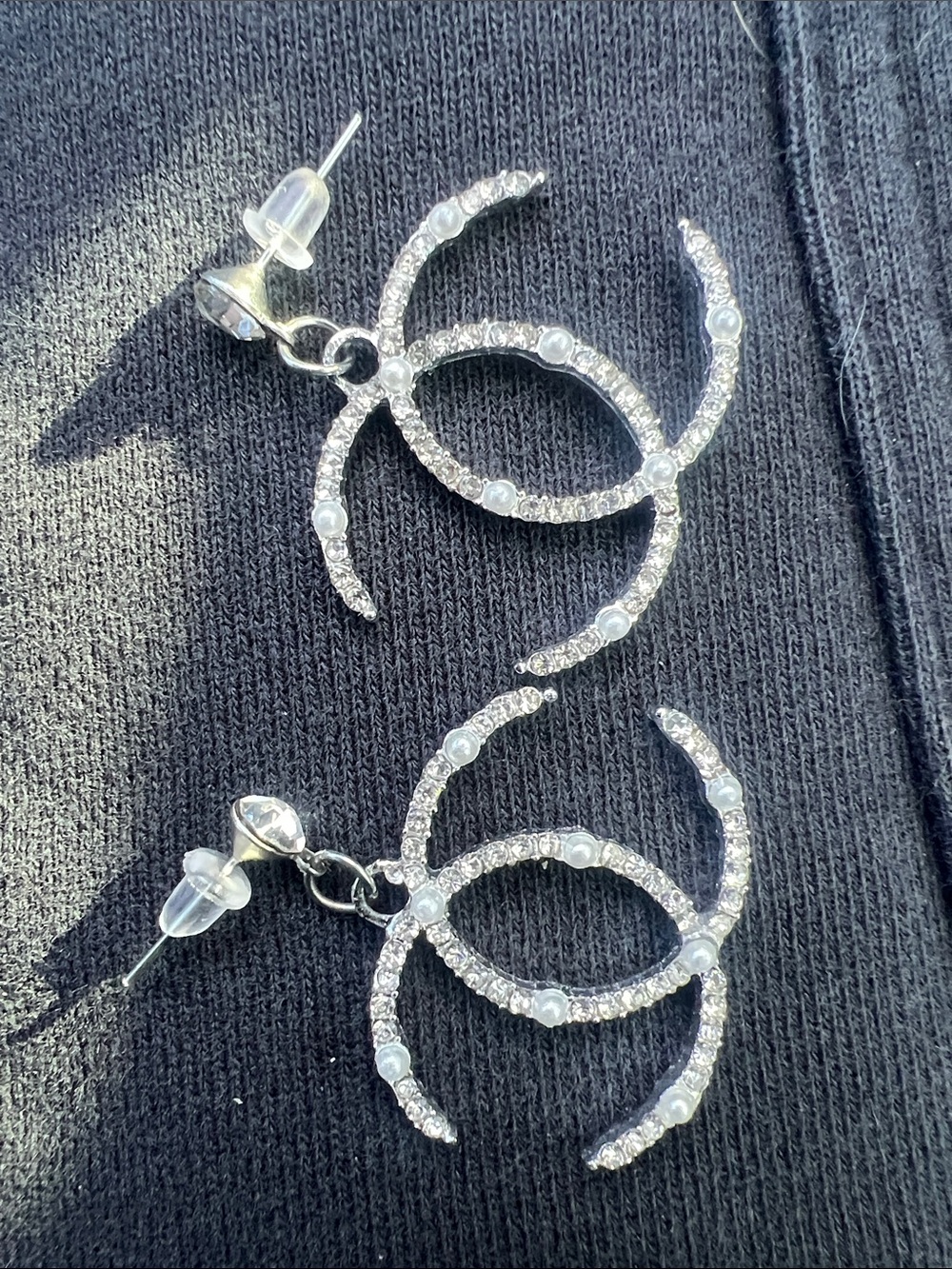 CHANEL Silver-Tone Crystal & Pearl CC Drop Earrings - Picture 8 of 8